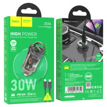 Hoco Z53A Vision Type C PD30W + USB QC3.0 Transparent black Зарядное устройство автомобильное