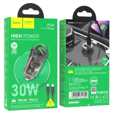Hoco Z53A Vision Type C PD30W + USB QC3.0 Transparent black Avtomobil enerji toplama cihazı
