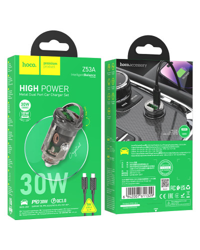 Hoco Z53A Vision Type C PD30W + USB QC3.0 Transparent black Avtomobil enerji toplama cihazı