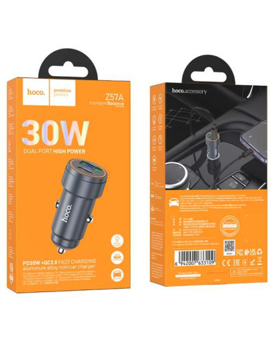 Hoco Z57A USB + USB-C PD30W+QC3.0 Black Avtomobil enerji toplama cihazı