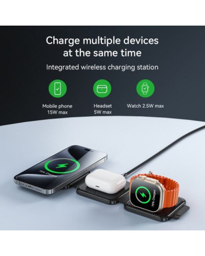 Hoco CQ4 3in1 Folding Magnetic Wireless Fast Charger 15 W, Qara Simsiz enerji toplama cihazı